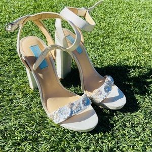 Blue by Betsy Johnson rhinestone floral platform high heels sandals shoes